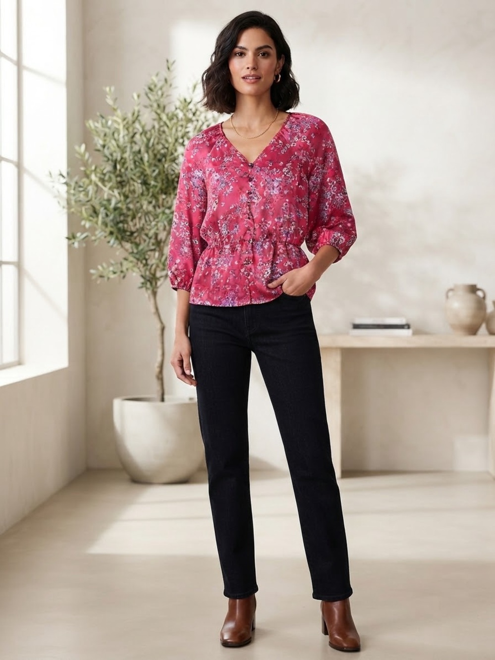Banana Republic Pink Floral V-Neck Peplum Blouse